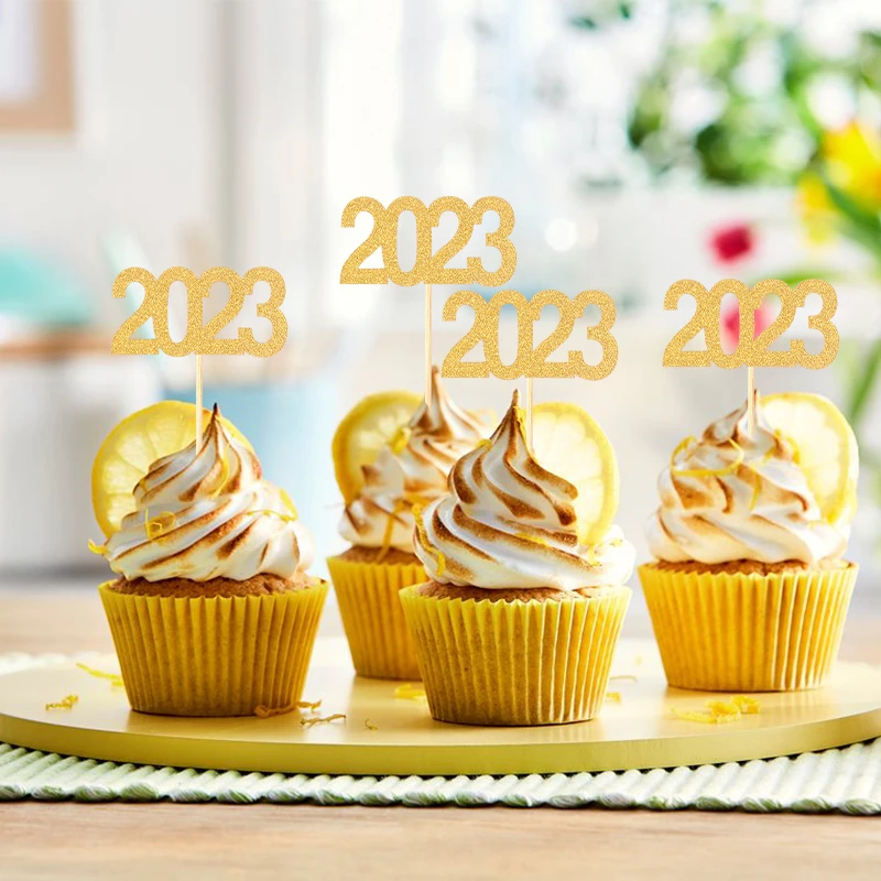 12pcs 2022 Cake Topper 2022 New Year Party Decoration Glittering New Year Eve Party Cupcake Cake Toppers Christmas Decor Natal