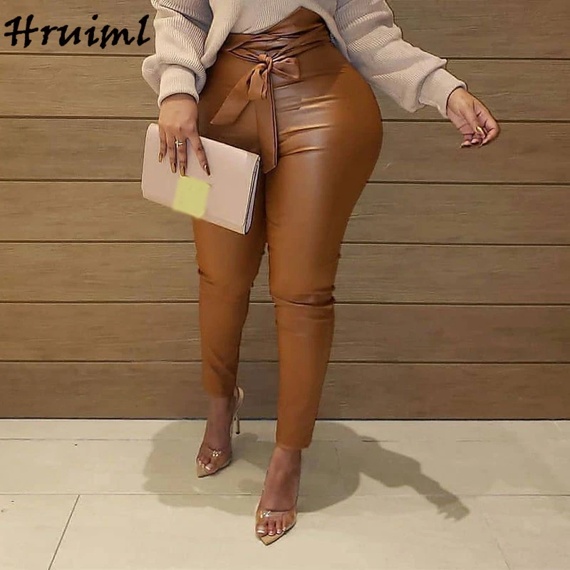 Leather Pants Women Fashion 2020 Plus Size High Waist Belt Long Trousers Autumn Winter Sexy Skinny Woman Pants Femme Pantalon