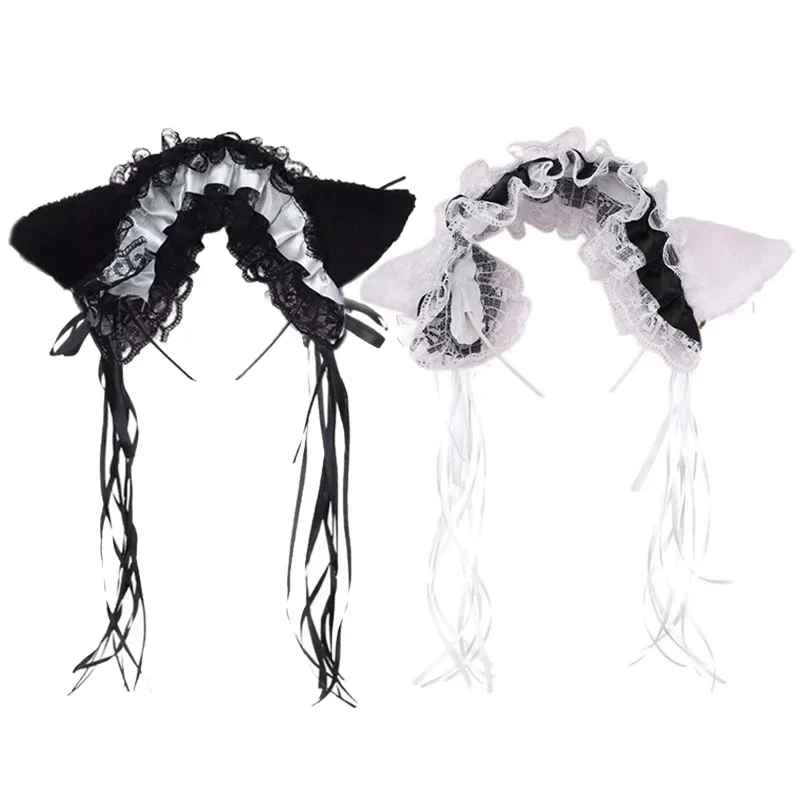 Gothic Lolita Maid Women Girl's Ruffles Lace Headband Plush Cat Ears Ribbon Bell Lolita Cosplay Hair Hoop