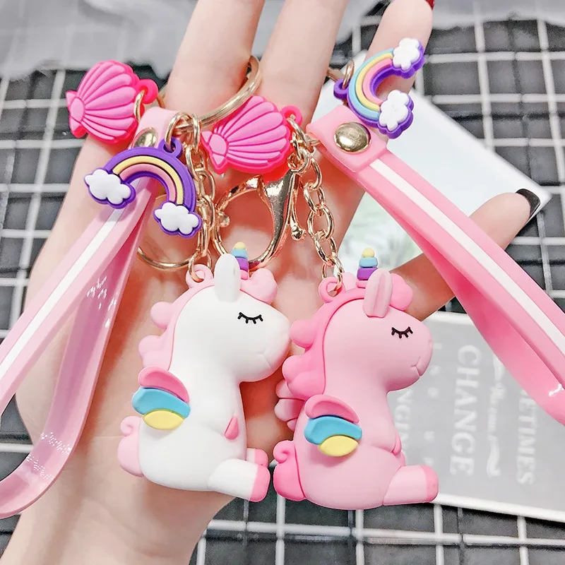 Cute Rainbow Shell Pony Unicorn Key Chain PVC Animal Keychains Gift For Women Girls Bag Pendant Figure Charms Key Ring S189