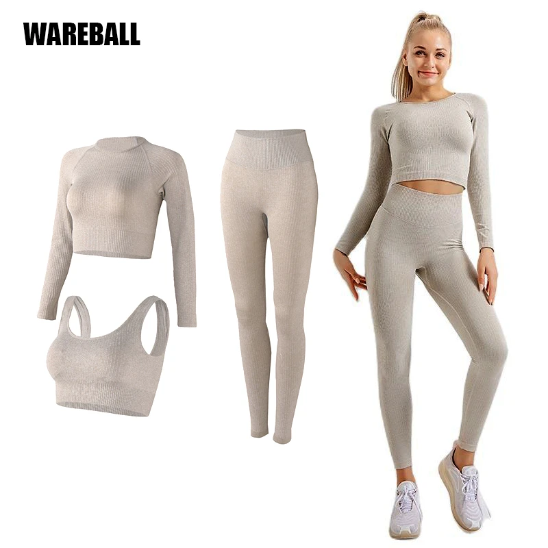 Women's Sportswear Yoga Set Workout Clothes Athletic Wear Sports Gym Legging Seamless Fitness Bra Crop Top Long Sleeve Yoga Suit