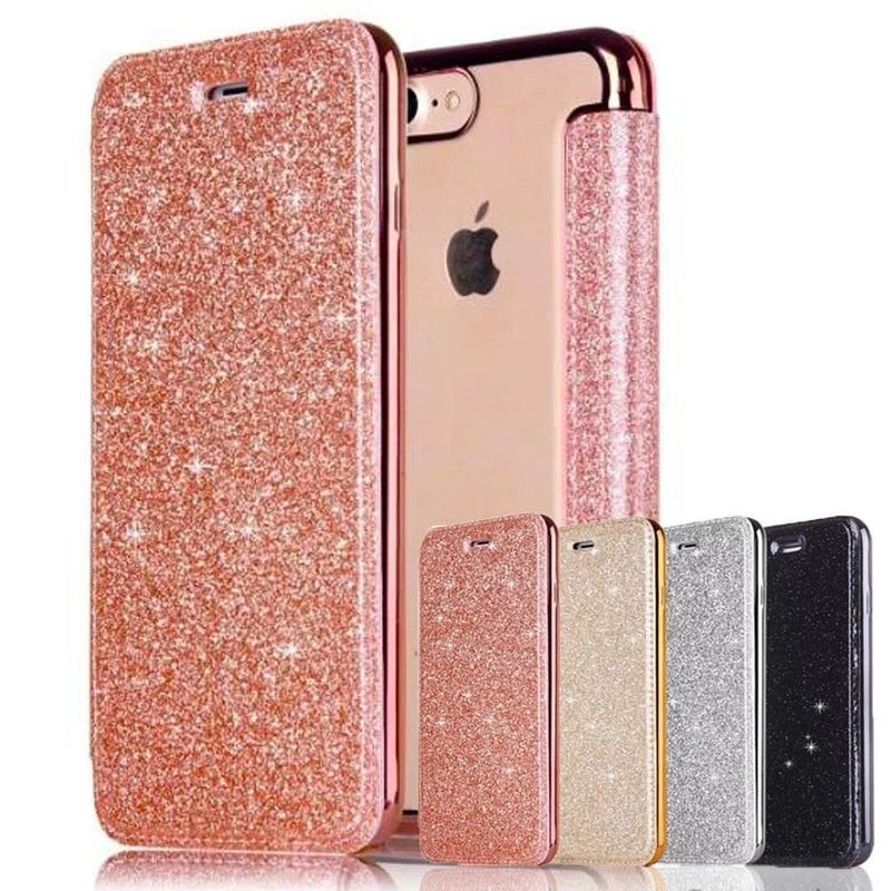 Luxury Glitter Leather Flip Wallet Case For iPhone 13 12 11 Pro XS Max XR X 7 8 Plus 6s Plus SE2020 Clear Bling Back TPU Case