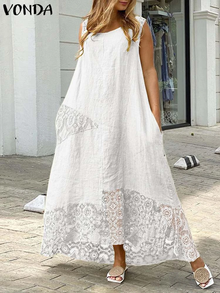 Women'Summer Sundress 2021 VONDA Elegant Midi Dress Vintage Lace Patchwork Asymmetric Party Dress Bohemian Vestidos