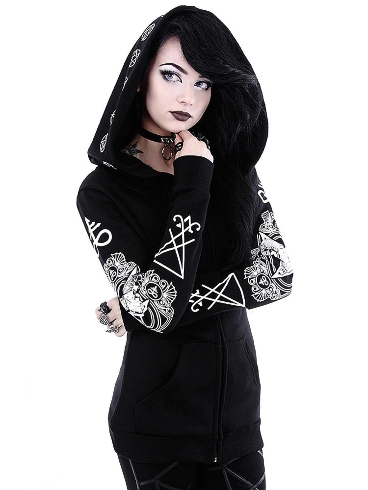 5XL Gothic Punk Print Hoodies Sweatshirts Women Long Sleeve Black Jacket Zipper Coat Autumn Winter Female Casual Hooded Tops