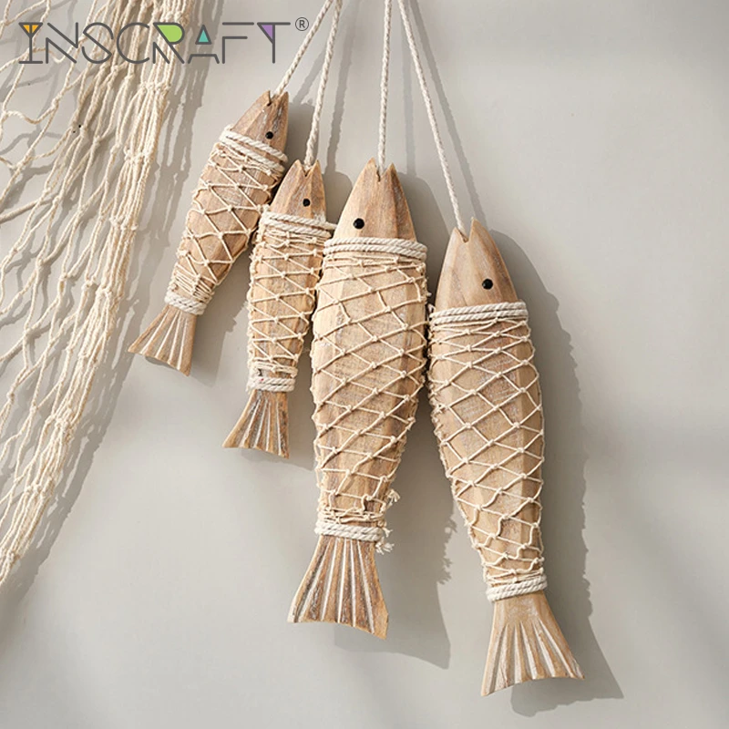 Natural Wood Fish Wall Decoration Handcraft Mediterranean Wall Art Coastal Wooden Hanging Decor