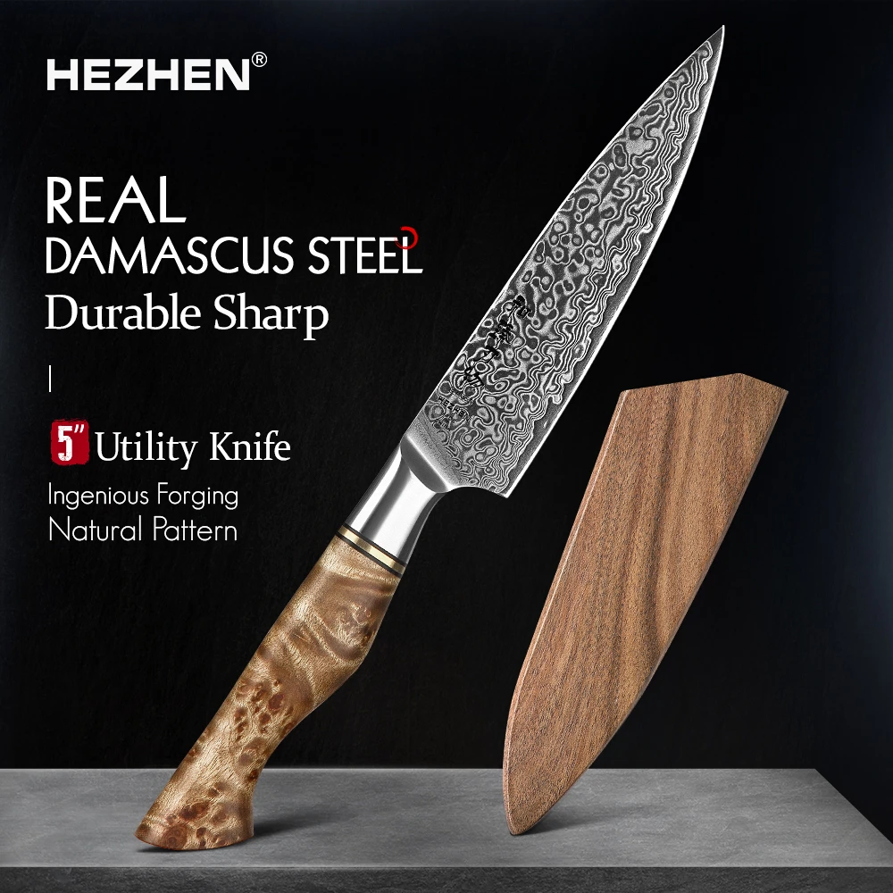 HEZHEN 5 inch Utility Knife Real 67 Layer Damascus Super Steel Super Cook Knife Pretty Peeling Knife Super Sharp Kitchen Knife