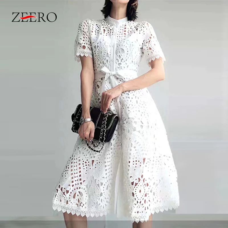 Women Vintage Summer Flower Embroidery Short Sleeve Hollow Out Lace Midi Dress Elegant Female Sexy Sashes Party Dresses Vestidos