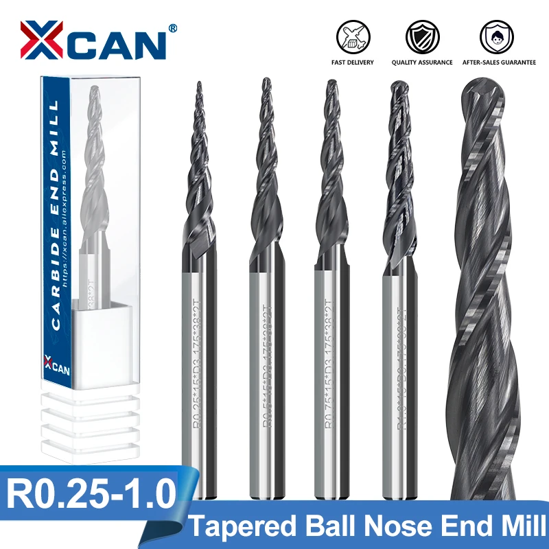 XCAN Tapered Ball Nose End Mill 1pc R0.25/R0.5/R0.75/R1.0 3.175mm Shank Carbide Wood Engraving Bit CNC Router Bit Milling Cutter
