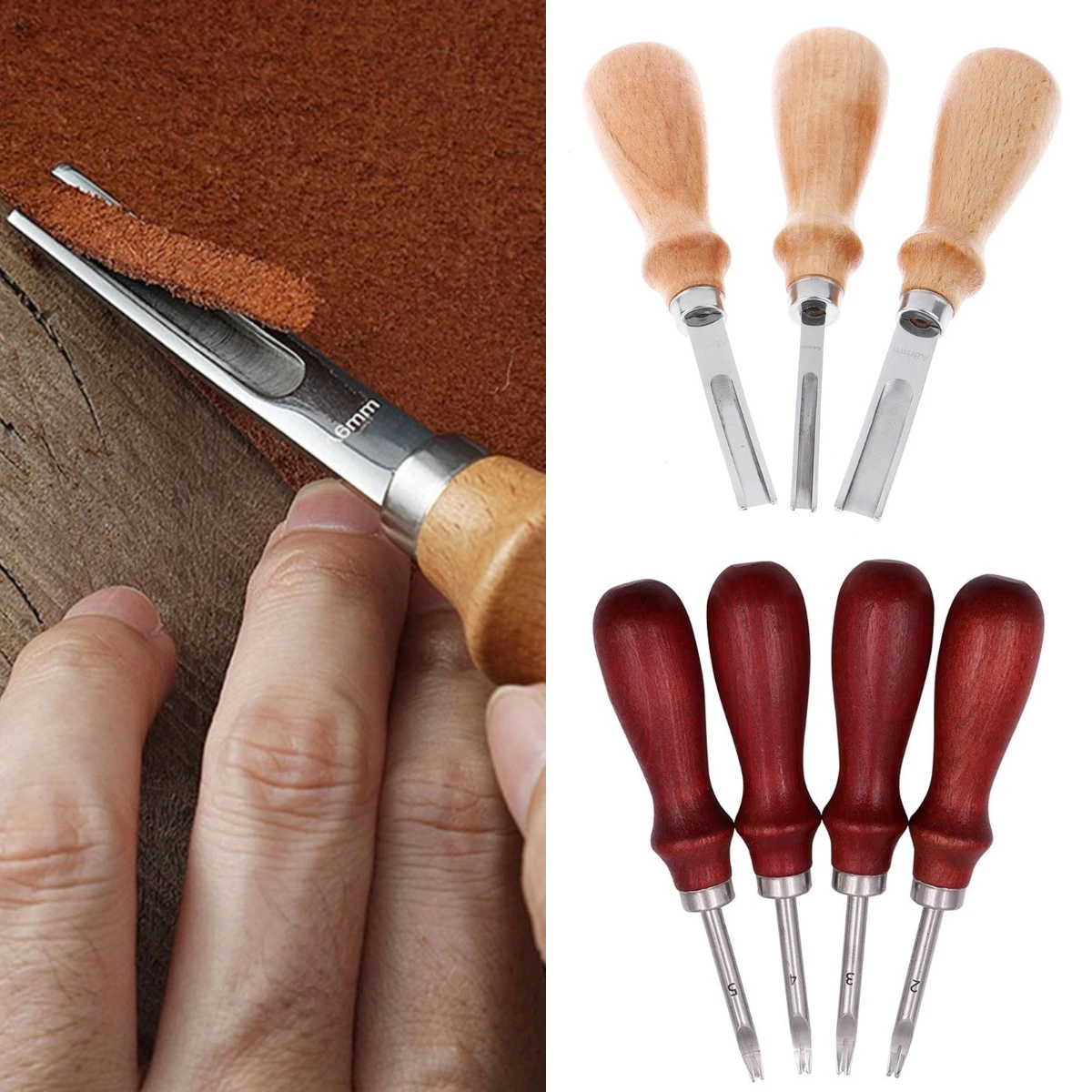 Practical DIY Leather Craft Edge Beveler Skiving Beveling Knife Cutting Hand Craft Tool with Wood Handle A4mm A6mm A8mm