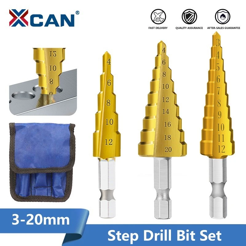 XCAN Metal Drills 3pcs 3-12mm 4-12mm 4-20mm HSS Step Drill Bit Set Titanium Coated Wood Metal Hole Cutter Core Drill Bit