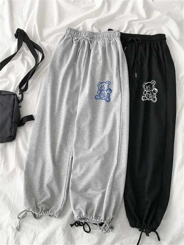 QWEEK Harajuku Oversize Women Sweatpants Jogging Sports Pants Baggy Korea Fashion Cute Bear Print Sweat Pants Casual Trousers