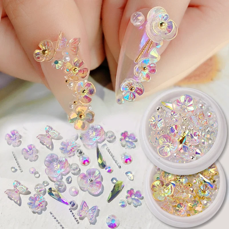 Colorful AB Crystal Flower Butterfly Nail Art Decorations Mix Metal Rivets Pearls Holographic DIY Nails Rhinestones Accessories