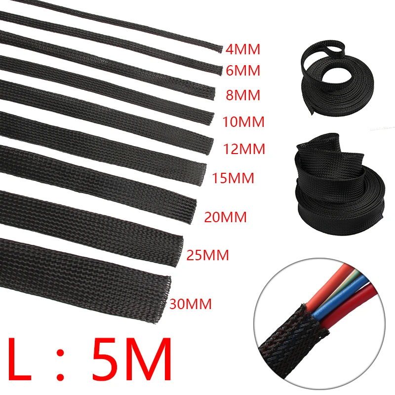 5/10M Cable Sleeve Black Insulated Braided Sleeve PET Expandable High Density Sheathing 2/4/6/8/10/12/15/20/25mm Wire Protection