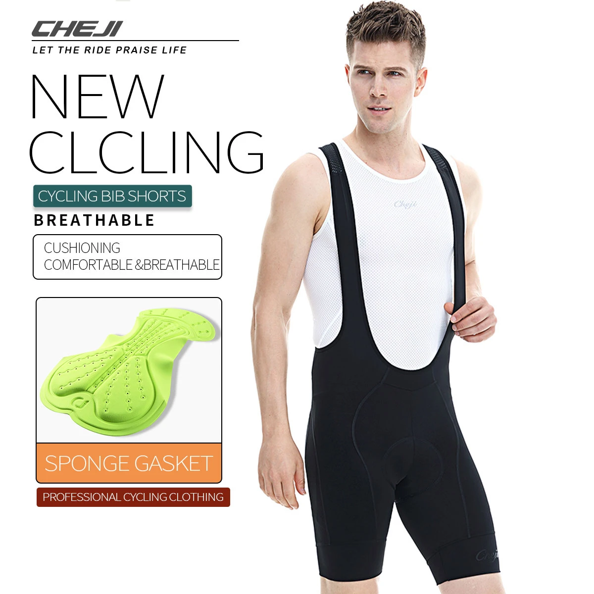 CHEJI Cycling Bib Shorts Men's Bike Gel Padded Pro Bicycle Pants quick dry