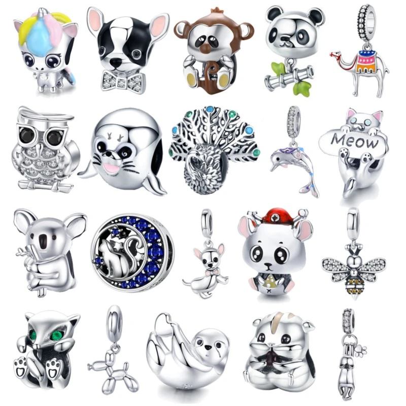 charms BISAER 925 Sterling Silver Cat Owl Mouse Beads Animal Unicorn Charms Fit For Charms Silver 925 Original Jewelry Making