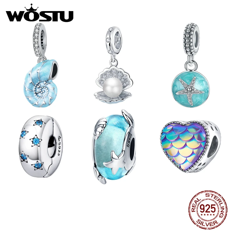 WOSTU Summer New 100% 925 Sterling Silver Blue Conch Pendant Charm fit DIY Beads Bracelet Necklace Jewelry Making Gift CQC1560