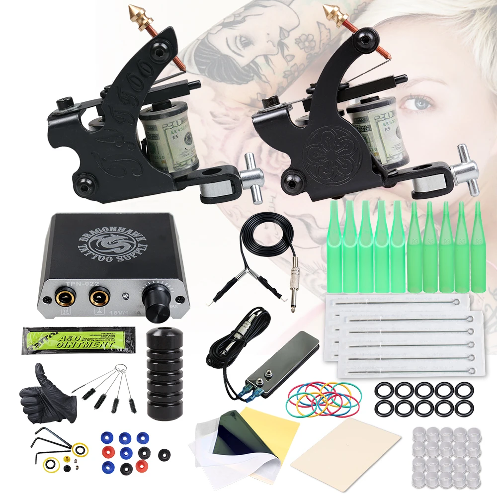 Beginner Complete Tattoo Kit 2 Machines Gun Set Power Supply Grips Body Art Tools Permanent Makeup Tattoo set