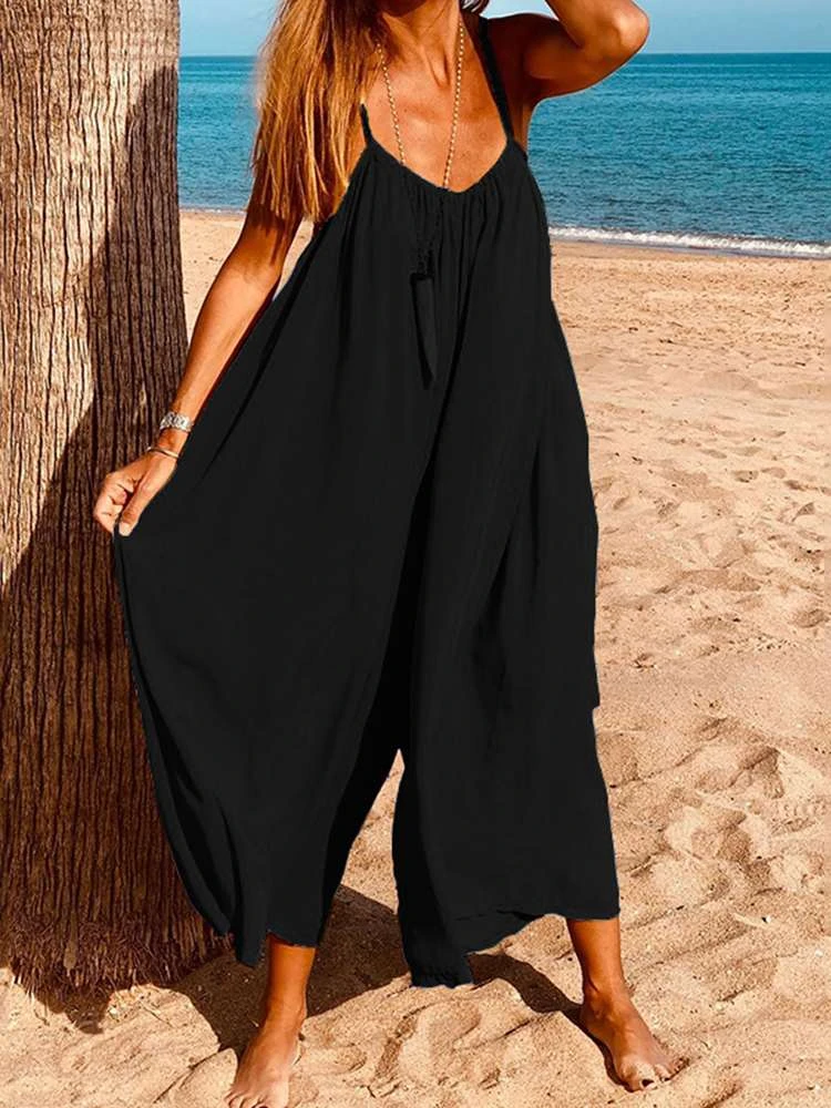 2021 Rompers Women Jumpsuits Summer Sleeveless Playsuits Sexy Wide Leg Pants VONDA Female Casual Loose V Neck Overalls