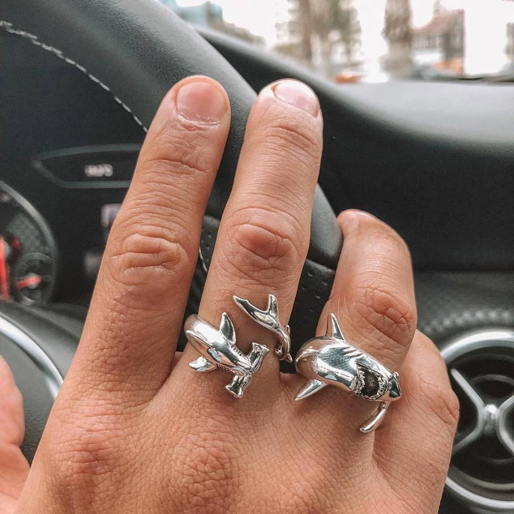 2pcs/set Vintage Simple Punk Shark Animal Adjustable Finger Rings Set Retro Great White Shark Opening Jewelry Accessories ts