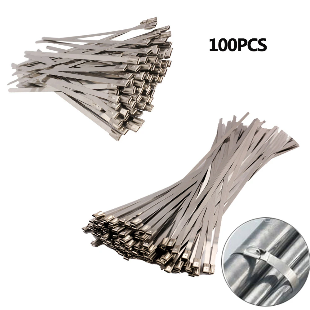 100pcs/set 4.6x300mm Stainless Steel Exhaust Wrap Coated Locking Metal Cable Zip Ties Induction Pipe Header New