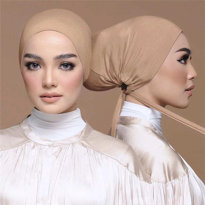 Fashion Premium Jersey Muslim Inner Cap Stretch Hijab With Rope Adjustable Women Underscarf Solid Color Islamic Turban Headwear