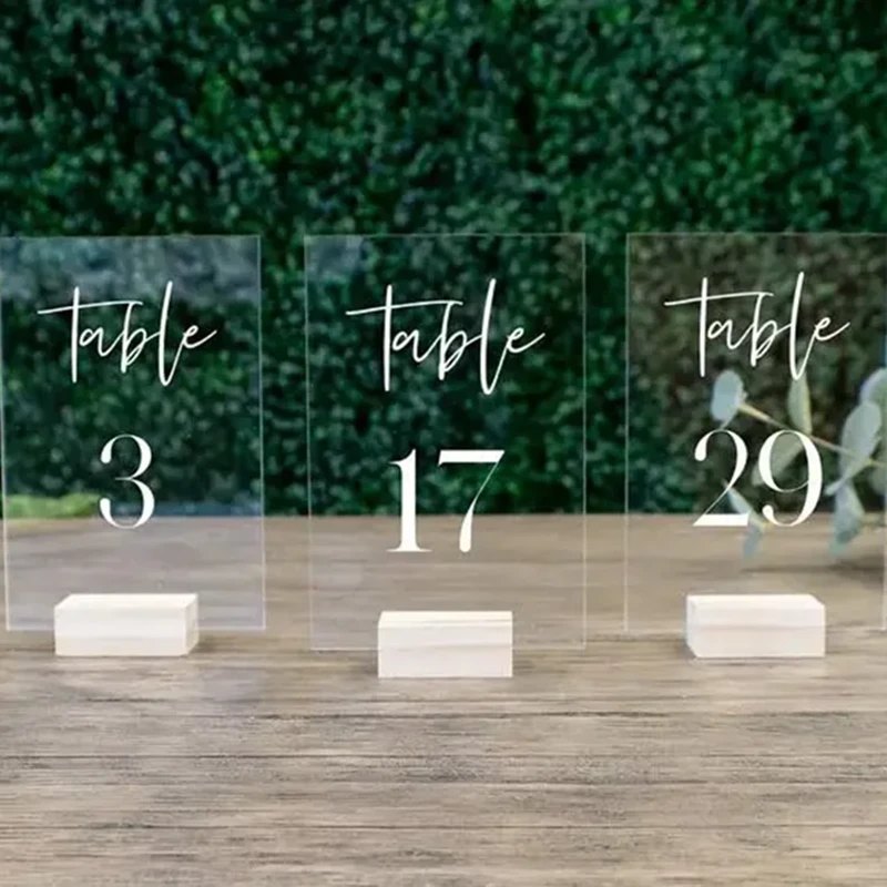Wedding Table Numbers With Holders Clear Acrylic Calligraphy Wedding Signage Clear Wood Table Number Stand-