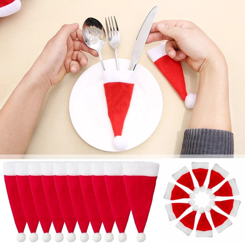 1/5/10pcs Mini Christmas Hat Tableware Holder Bag Merry Christmas Small Hat Party Dinner Knife Fork Set Pocket Cover Home Decors