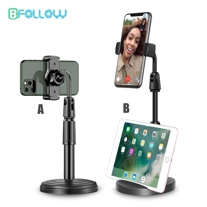 BFOLLOW 2 in 1 Mobile Phone Holder Tablet Stand Desk 360 Rotate for Desktop Live Streaming  Overhead Shoot Video Round Base