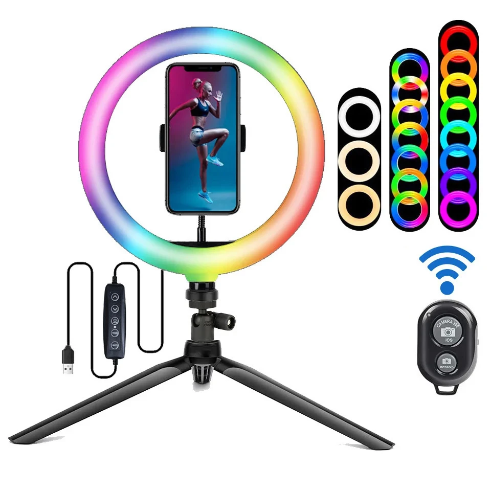 26CM RGB Fill Photography Lighting Phone Ringlight Tripod Stand Photo Led Selfie Remote Control Ring Light  Lamp Youtube Live