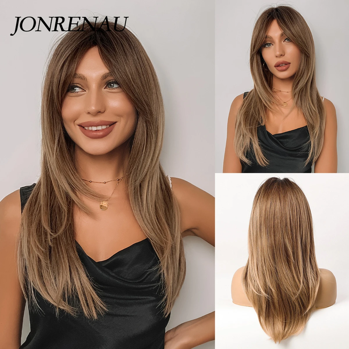 JONRENAU Long Wave Ombre Dark Black Brown Blonde Synthetic Wigs for Women Party Daily Use Cosplay Wig Natural Curly Hair