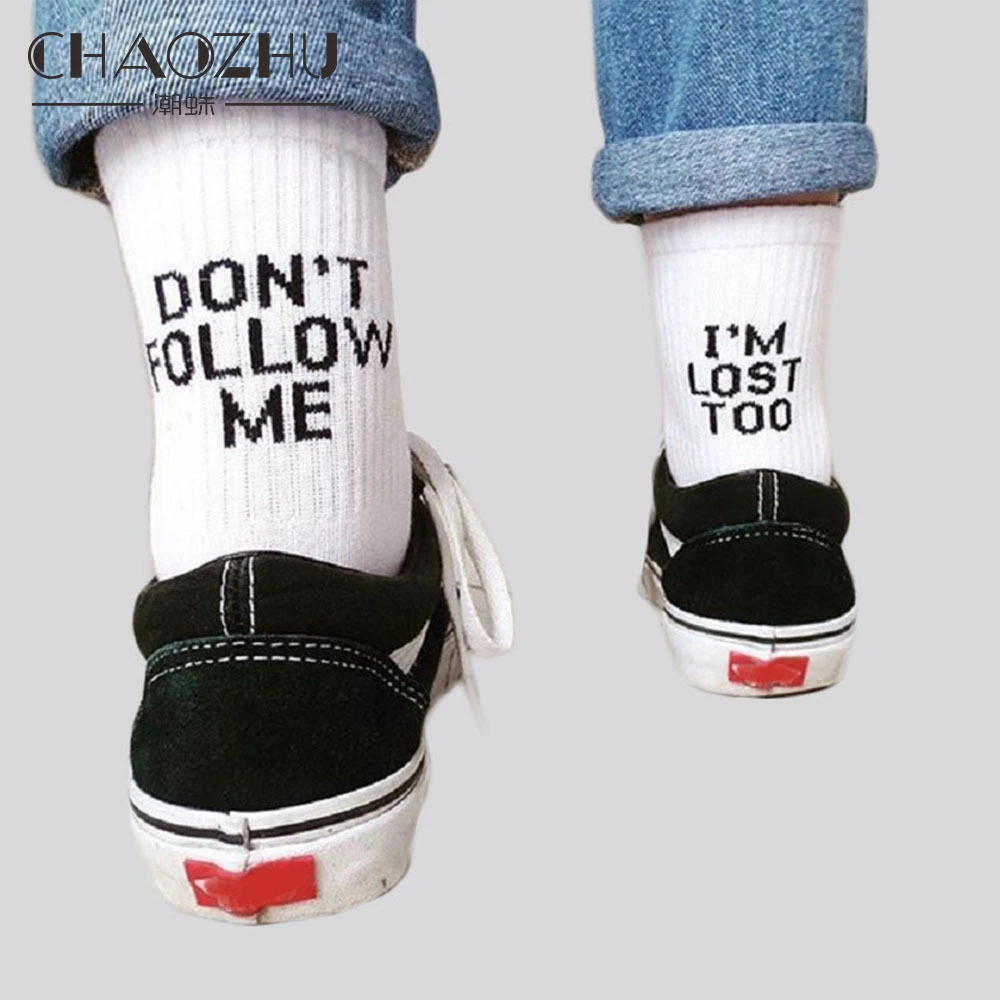CHAOZHU Black White Cotton Socks AB Side Don't Follow Me I'm Lost Too Creative Unisex Women Men Casual Socks Daily Funny Words