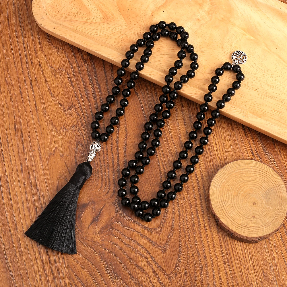 108 Mala Beads Necklace Black Onyx 8MM Rosary Meditation Jewelry Japamala Tassel Necklace with Tree of Life Pendant