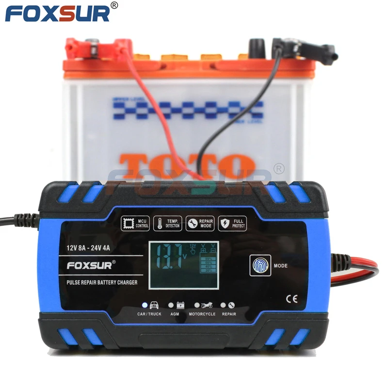 FOXSUR 12V 24V Smart Car Battery Charger 60AH 100AH 120AH 150Ah Battery Charger Motorclcle Battery Charger