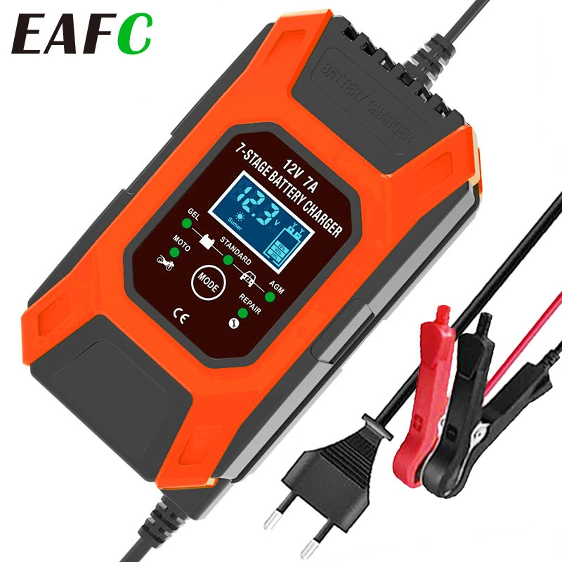 Automatic 12V 7A Car Battery Charger Lead-Acid GEL AGM Wet Calcium Deep Cycle VRLA Pulse Repair LCD Display For Auto Car