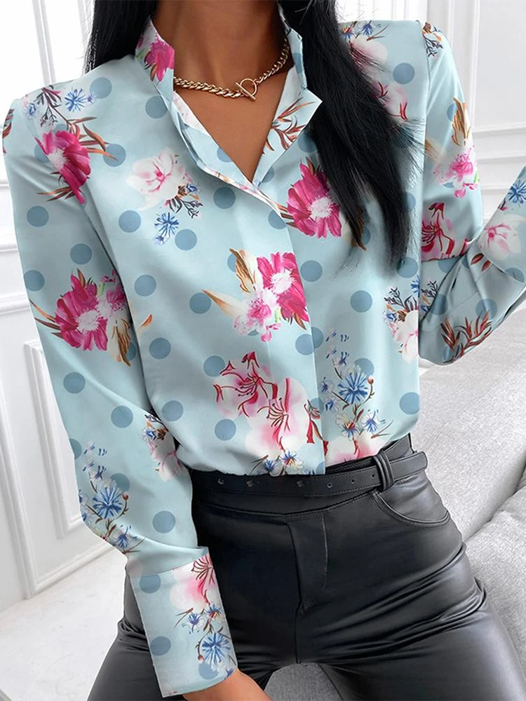 2021 Summer Floral Print Blouse Women Clothes Stand Collar Long Sleeve Office Lady Shirts Tops Female Casual Plus Size Blouses