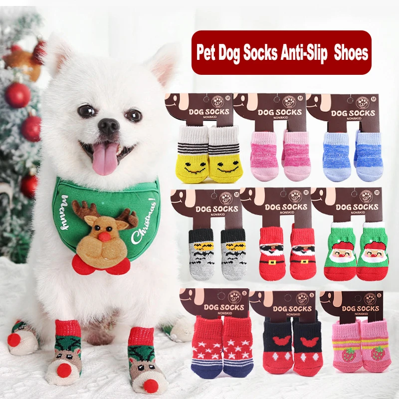 4Pcs/set Autumn Winter Pet Dog Socks Anti-Slip Knitted Small Dogs Shoes Thick Warm Paw Protector Cute Puppy Cat Indoor Wear Boot