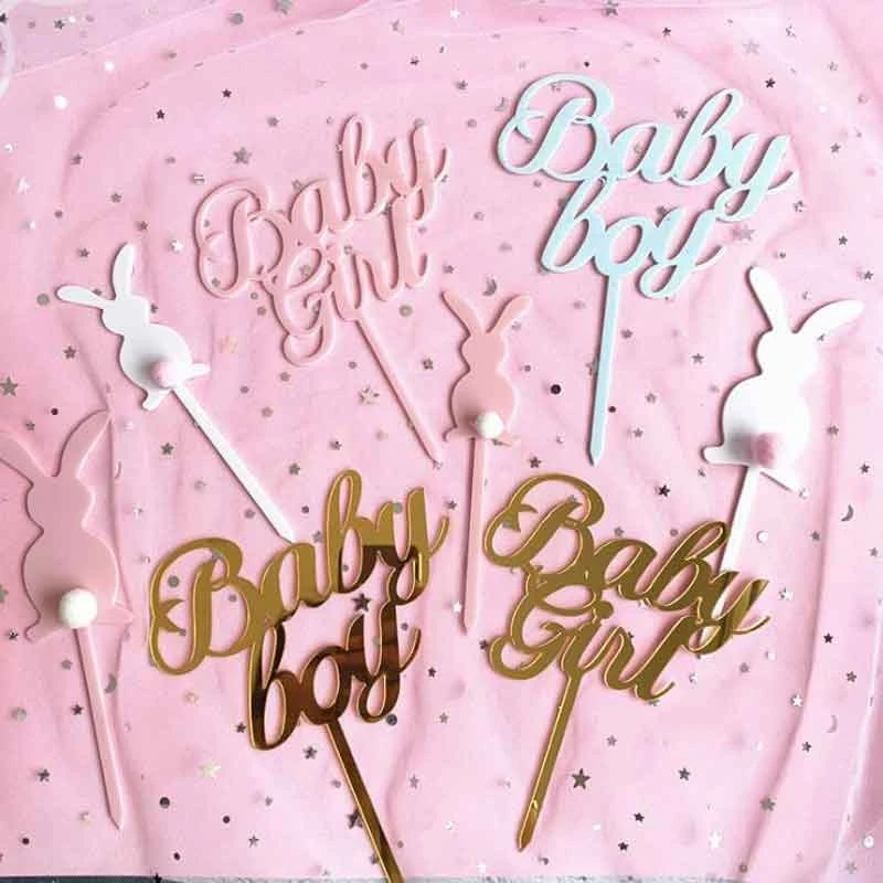 Baby Girl baby boy Cake Toppers Flags Kids Happy Birthday Pink blue gold Cupcake Topper Wedding Bride Party Baby Shower Decor