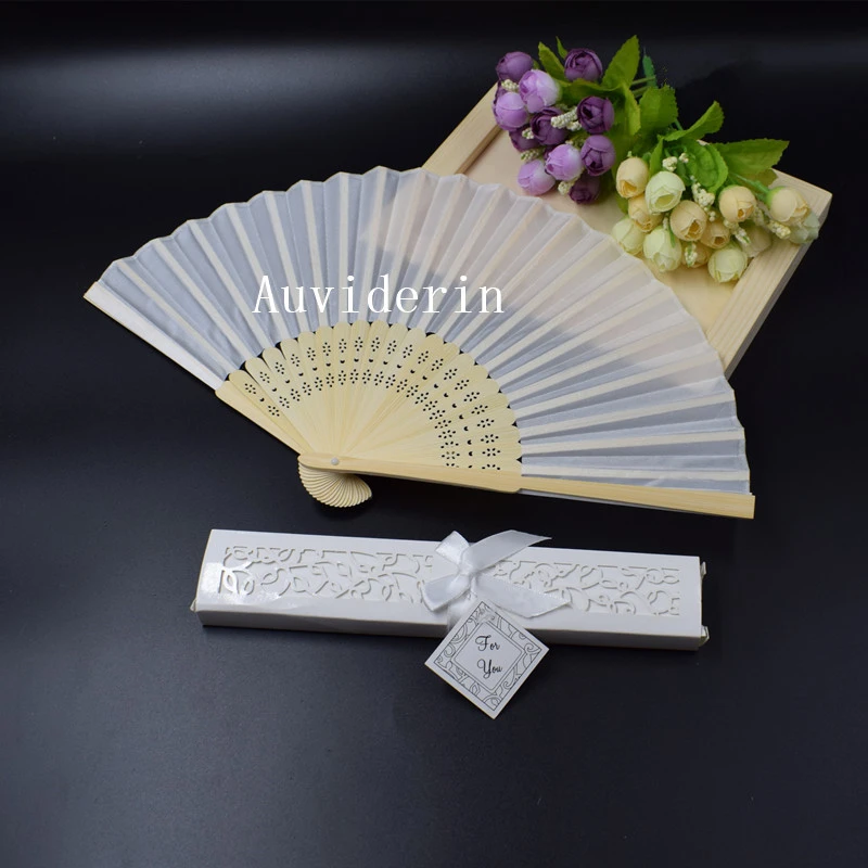 Auviderin 100pcs White Wedding Hand Fan Personalized Names Abanicos Para Boda for Guest in Gift Box with 