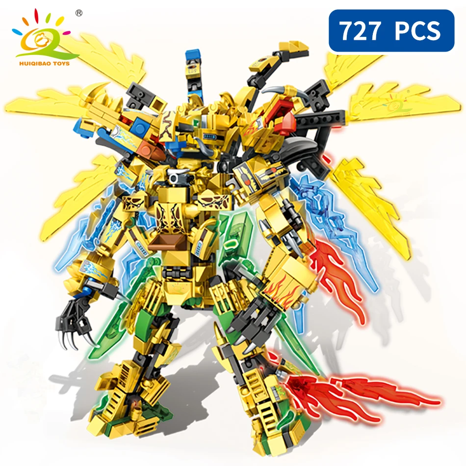 HUIQIBAO 727pcs Ninja Gold Dragon Knight Mecha Weapon Building Blocks City Robot Fight Ninja Figures Bricks Toys Children 4in1