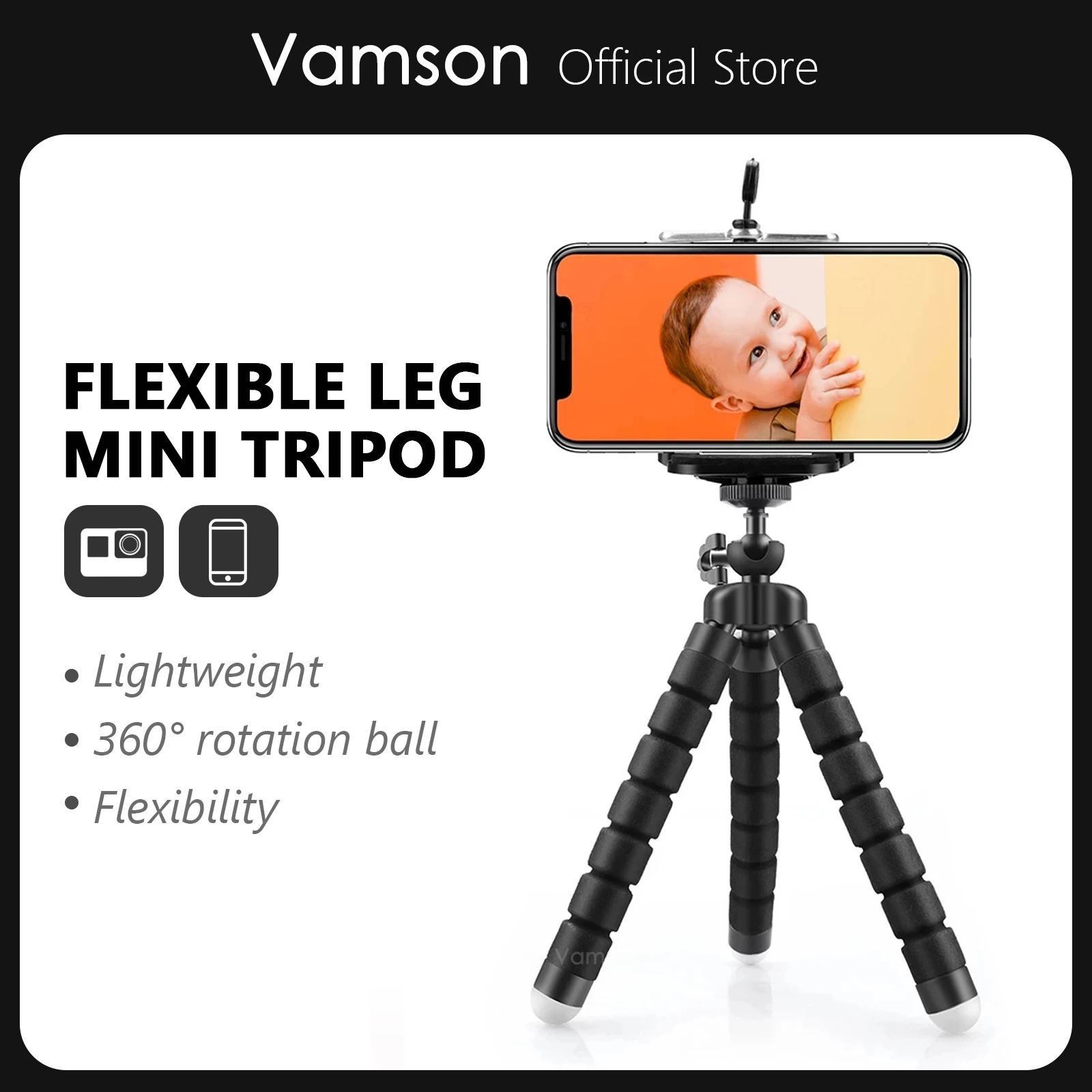 Vamson Flexible Mini Tripod for smartphone Tripod Mobile Phone Holder clip stand for GoPro Hero 10 9 8 7 6 5 4 3+2 1 for yi 4k