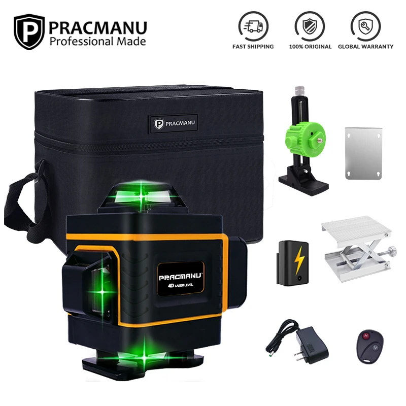 PRACMANU Laser Level 16 Lines 4D Level Self-Leveling 360 Horizontal & Vertical Cross Super Powerful Green Line Laser Level