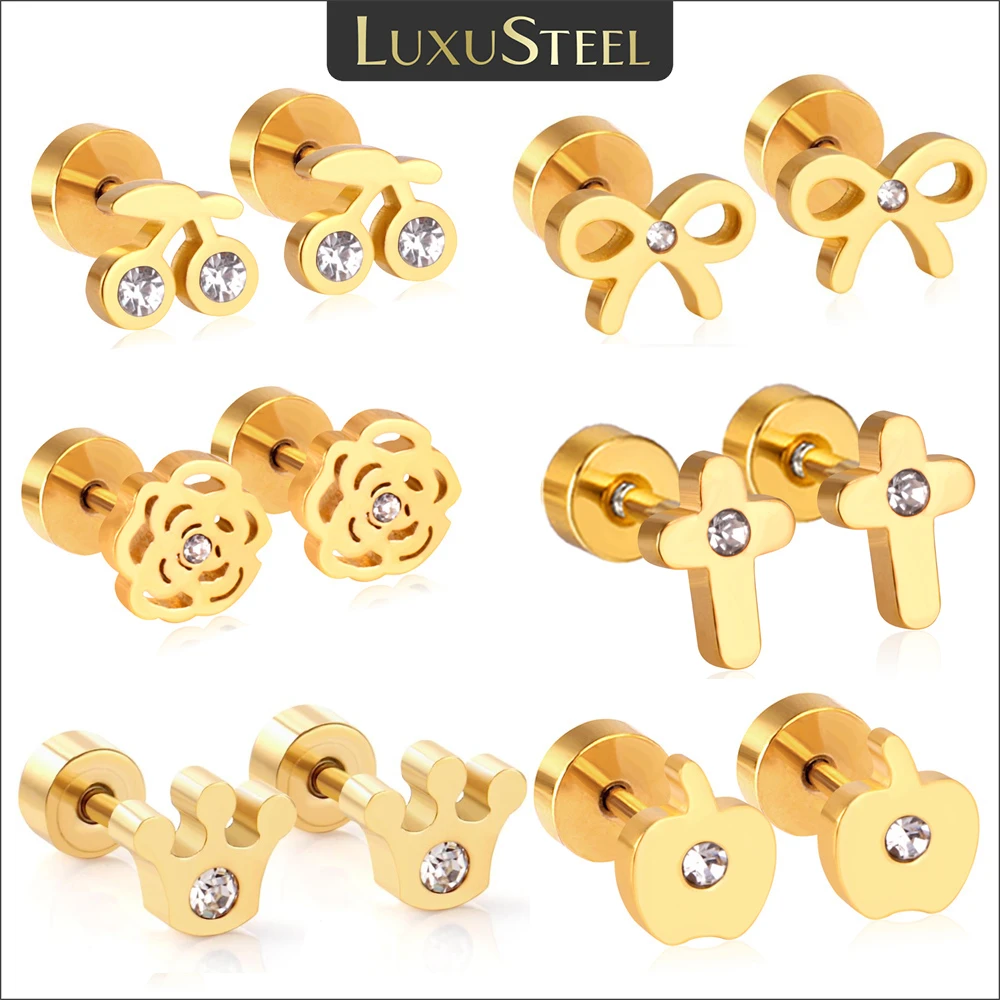 LUXUSTEEL mujer Flower Earrings Brinco Screw Stud Jewelry Stainless Steel Anti-allergy CZ Earrings BabyGirl Earrings