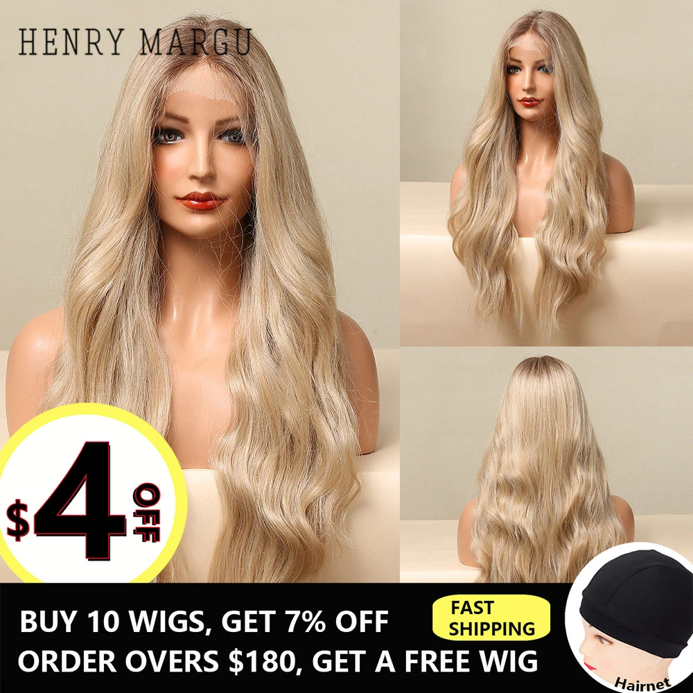HENRY MARGU Long Wavy Lace Front Synthetic Wig Ombre Blonde Golden Middle Part Natural Lace Hair Wig for Women Heat Resistant