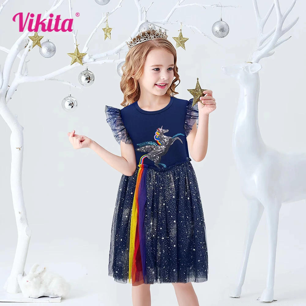 VIKITA Girls Dresses 2021 Girls Sequins Sleeveless Dresses Kids Elegant Princess Tutu Vestidos Children Summer Tulle Dress