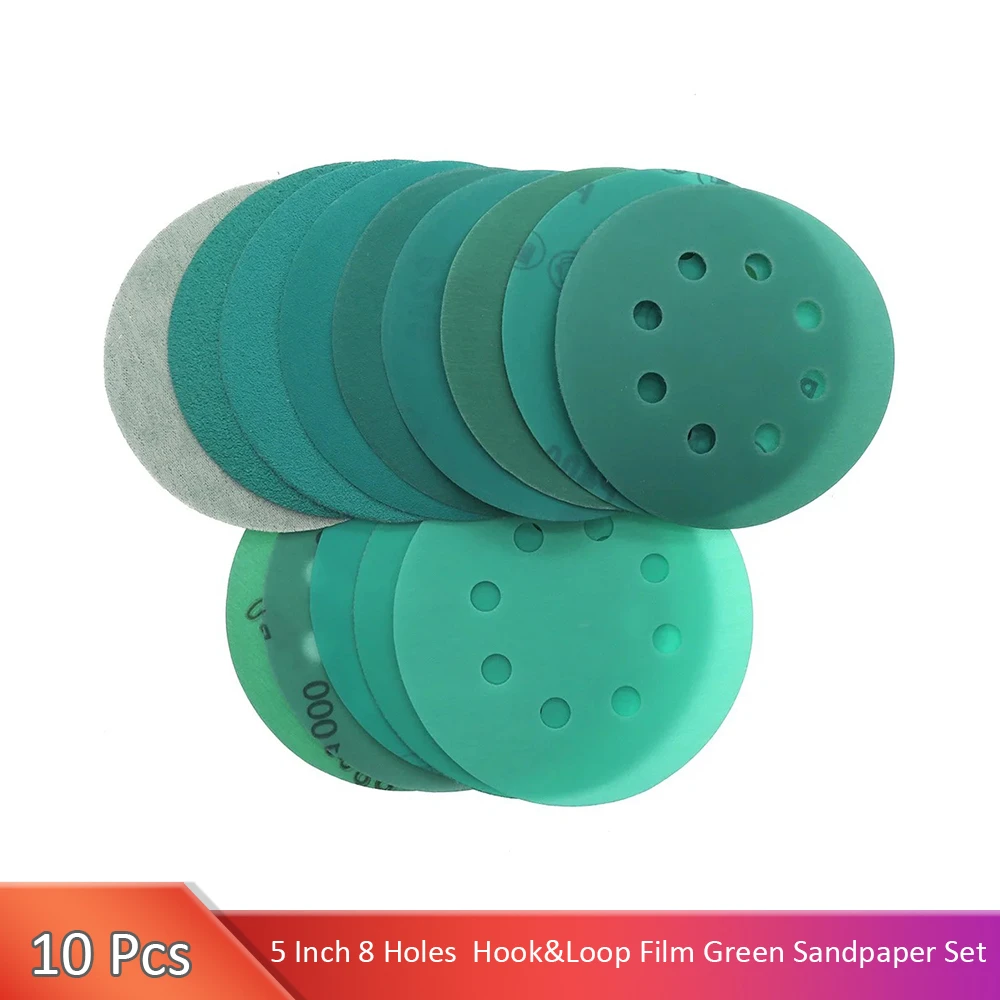 10Pcs 5 Inch 125MM 8 Holes 60 to 2000 Grits Hook and Loop Film Green Sandpaper Sanding Disc  Abrasive Tools