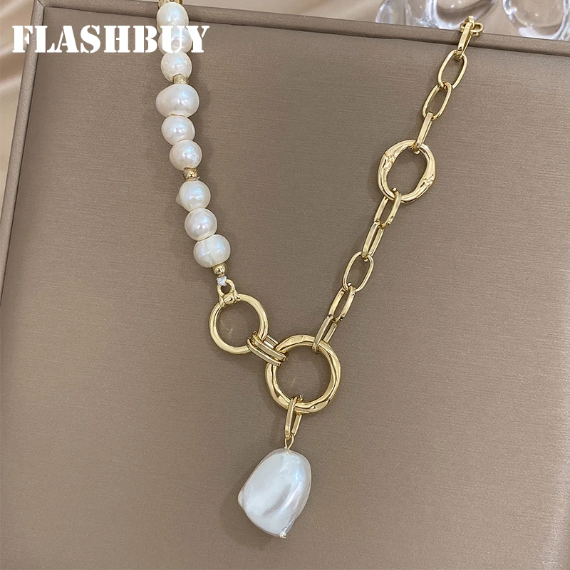 Flashbuy Irregular Natural Freshwater Pearl Pendant Necklaces for Women Chunky Chain Circles Baroque Pearl Necklaces Elegant