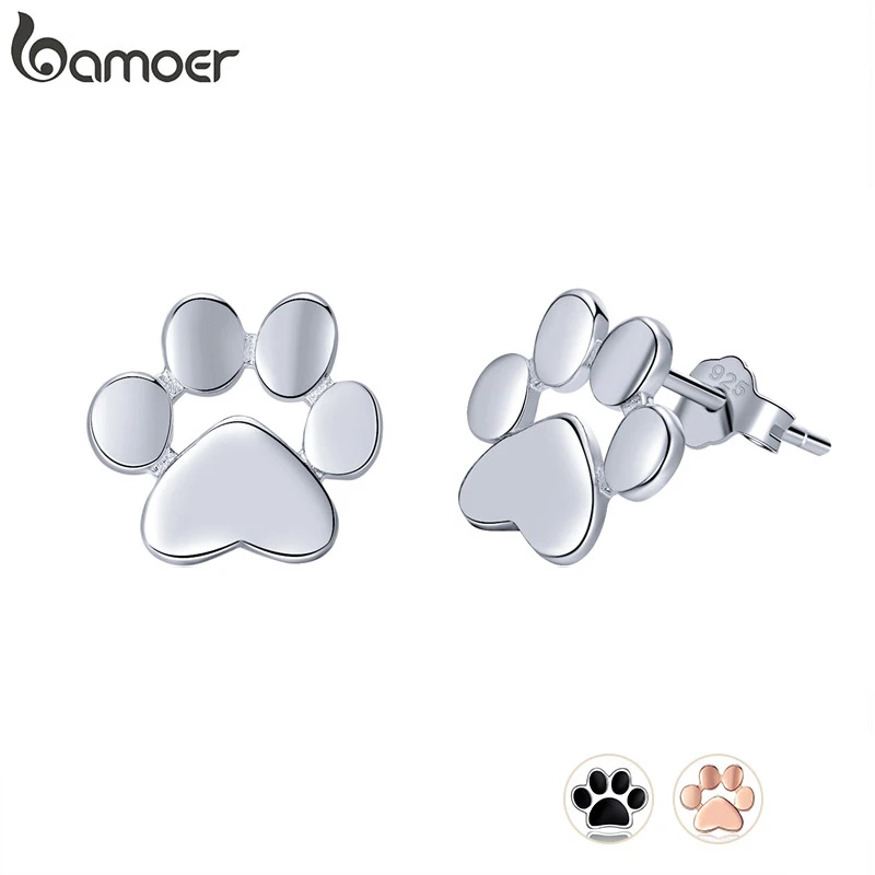 BAMOER 925 Sterling Silver Animal Dog Cat Paw Stud Earrings for Women Footprints Valentine's Day Gift SCE407