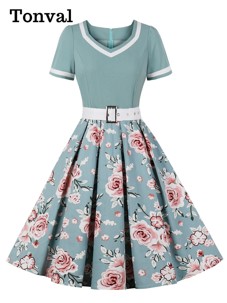 Tonval Vintage 50s Ladies Floral Pleated Plus Size 3XL 4XL Rockabilly Dress Women High Waist Pinup Elegant Dresses with Belt