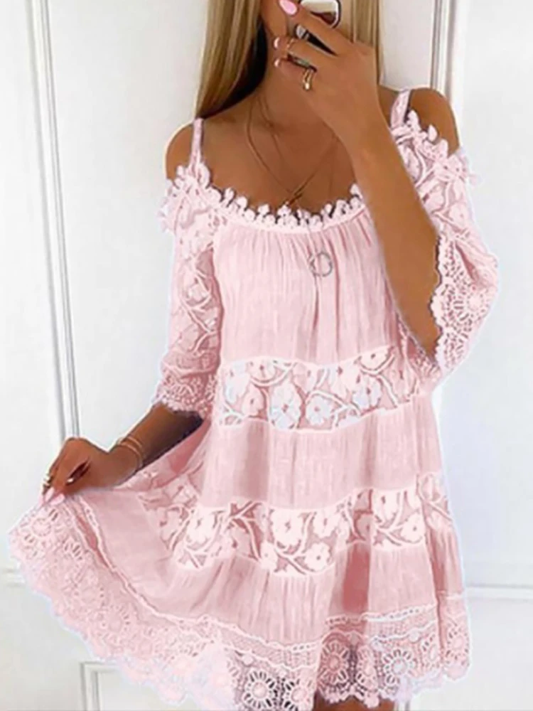 Women Sexy Deep V Neck Mini Dress Spring Summer Three Quarter Sleeve Lace Patchwork Dress Elegant Floral Tassel Dress Vestidos