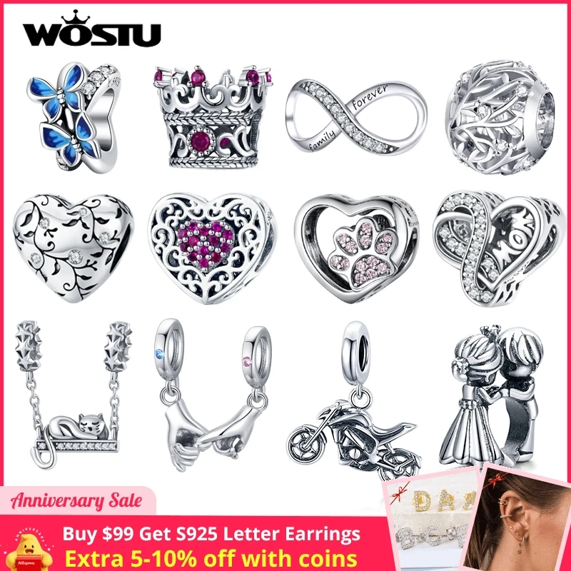 WOSTU Real 925 Sterling Silver Heart Beads Flower Retro Patterns Charms Pendant Fit Original Bracelet Silver 925 Jewelry CQC1323